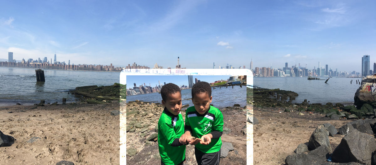 Bushwick Inlet Park Shoreline with Kids Looking at Crabs